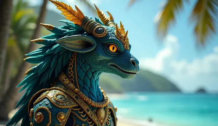 Bahamas as a caribbean League of Legend creature in azure, black and gold yellow colors. Intricated clothing. Cinematic Fantasy sci-fi landscape background