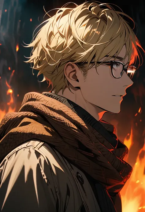 male, solo, handsome, blond hair, high detail, short hair, black eyes, scarf,  aura, glasses, macro picture, beautiful eyes, side view