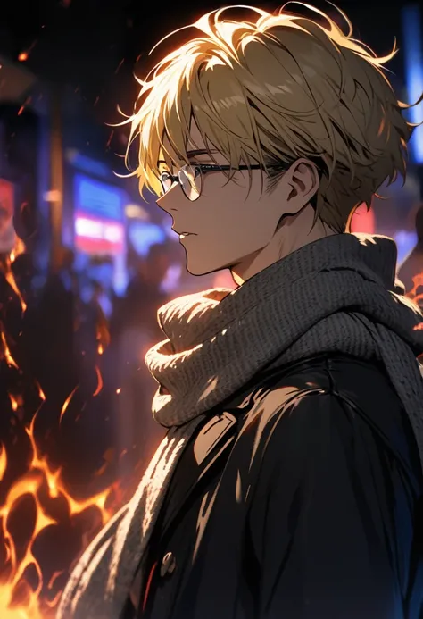 male, solo, handsome, blond hair, high detail, short hair, black eyes, scarf,  aura, glasses, macro picture, beautiful eyes, side view