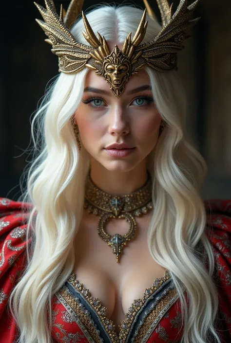 create a realistic photo of Freya Allan with the Targaryen look: long platinum hair, elaborate and luxurious clothing with red and silver details. Maybe a dragon-inspired crown or tiara, to capture the essence of House Targaryen.