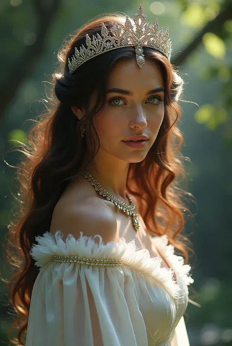 Queen, Druid, Woman, Linda, tiara dourada, doradas, white gown, forst, naturey, blue colored eyes, powers, mystic, Long Defined Hair, brown, Youngh, jewelry, SPARKLES, especial effects
