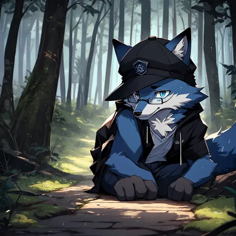 A dark blue fox sitting on the ground in front of the rainy forest with a sad expression, wearing round black glasses, usando um casaco preto, wearing a black cap with the letters ZR on the cap.