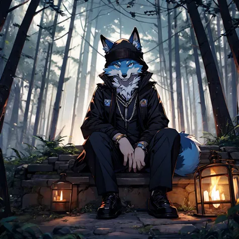 Dark Blue Fox, wearing black coat, wearing a black cap with the letters ZR, wearing black cross chain, wearing round glasses, sitting on the ground in the middle of the forest with a storm.