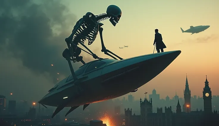 epic movie still, close-up view on cinematic boat cam, the boat is a futuristic ship, the futuristic ship is flying tilted on the sky of london, the london skyline is visible in the distance, the london skyline is seen at a dutch angle, the london skyline ...