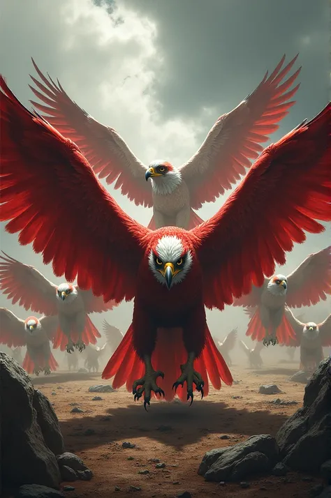 Create an army of fierce falcons with open wings in the color of the Peruvian flag on a battlefield