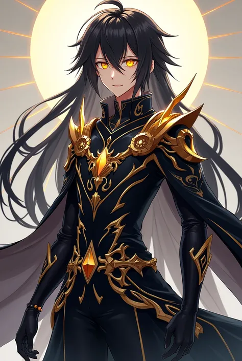 Anime boy with 174 cm height,yellow light eyes and black long touching shoulder in raiden eis outfit style 