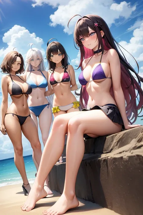 ((best quality)), ((masterpiece)), (detailed), 4 people, 4 girls, gathered on the beach, 1 girl, full body, 20 years old, young adult, happy face, smile, young adult, tall, blue eyes, long blonde hair, hair ornaments, star hair ornaments, bangs, big breast...