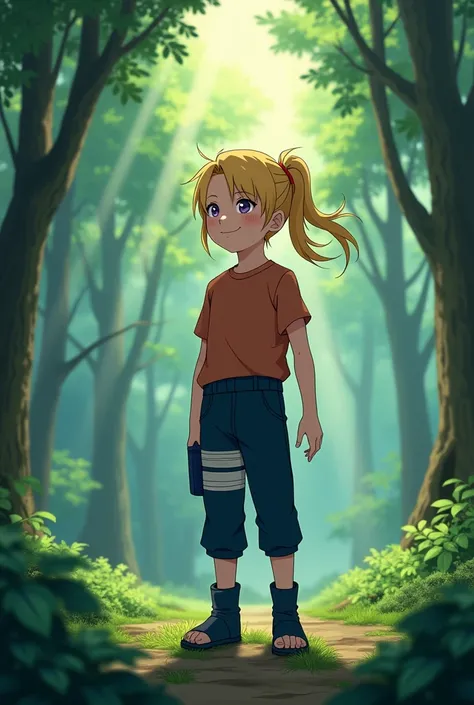 A 12-year-old boy with blond hair tied back in a ponytail, purple eyes,  that he is smiling and in the background a forest. 

Screenshot in the style of the anime Naruto 