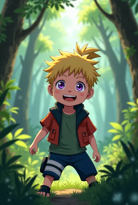 A 12-year-old boy with blond hair tied back in a ponytail, purple eyes,  that he is smiling and in the background a forest. 

Screenshot in the style of the anime Naruto 