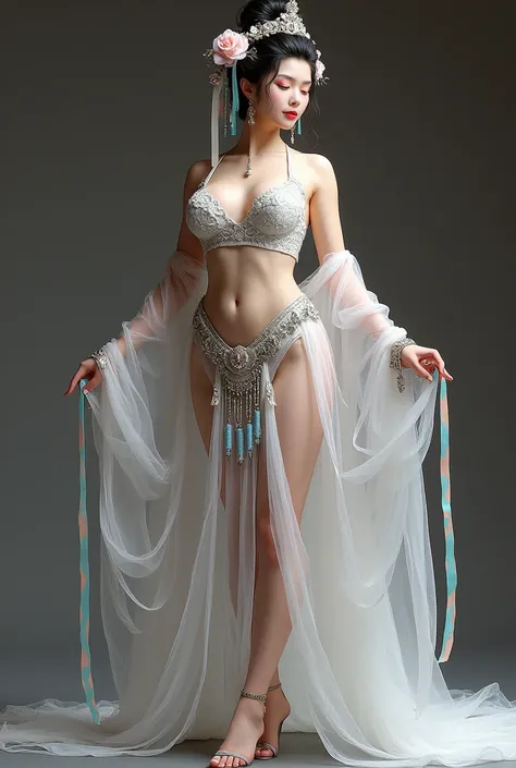 Chinese girl , thick body, curvy body, curvy waist, huge breast, white skin, gorgeous costumes embroidered with intricate embroidery, topless, top naked, bare breasts, exposed breasts, flowing tulle, transparent long colorful ribbons tied on the arms, insp...