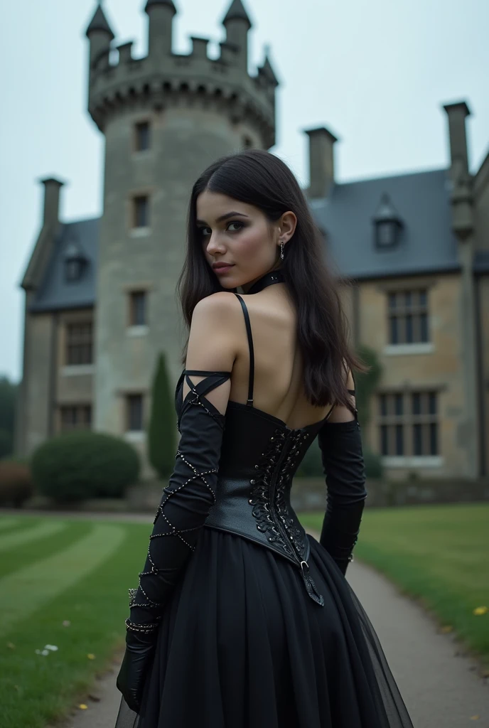 18-year-old girl in sexy gothic look models in front of an old Victorian castle,strap holders, strapse, corset