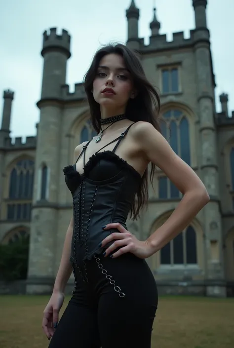 18-year-old girl in sexy gothic look models in front of an old Victorian castle,strap holders, strapse, corset