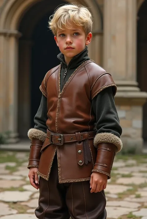 Blond bourgeois boy in medieval leather clothes 