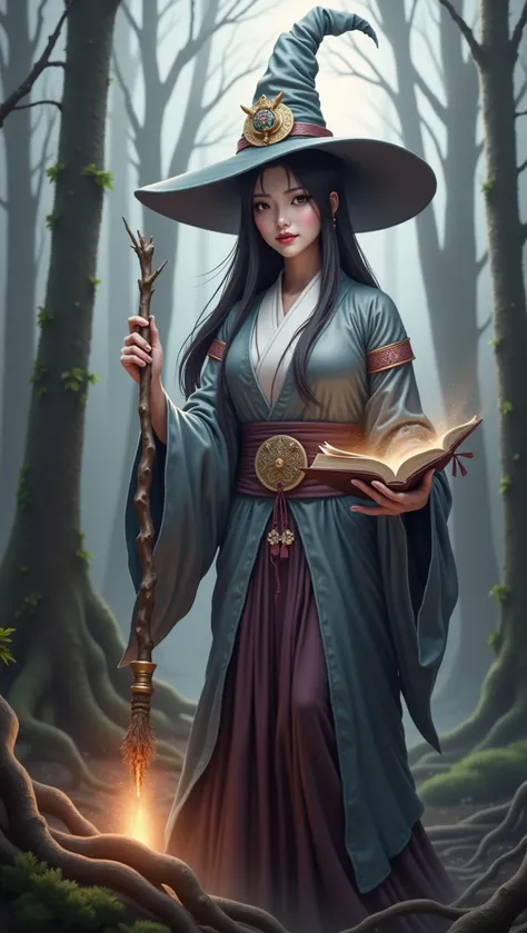 A Japanese witch holding a wand and performing magic and in the other hand a grimoire, she is in a misty forest. Reality. Hyper Realist 