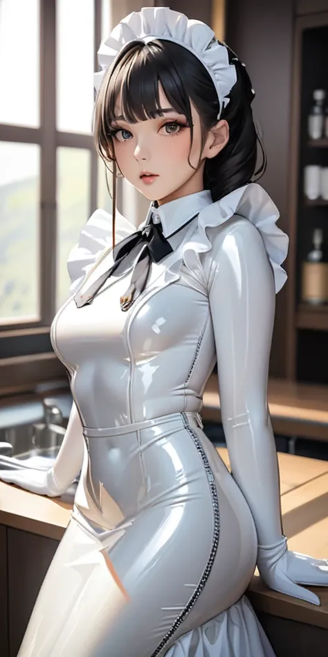 Portraiture、(masterpiece,Highest quality,Ultra-high resolution),Japanese women, (((Very beautiful 25 year old girl))),(White latex maid outfit)、(White latex long skirt)、(A long-sleeved white latex shirt covering the upper body)、White latex long gloves、Whit...