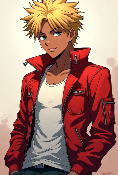 Anime drawings and full-body drawings、Dark skinned、A slim, muscular blonde boy wearing a tank top and a red jacket