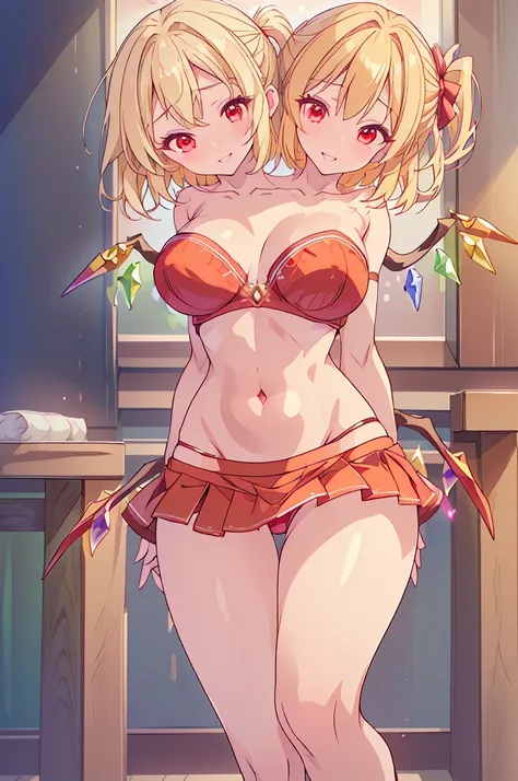 (masterpiece, best quality), best quality, best resolution, (ultra-detailed), ((3heads:1.5)), 1girl, (flandre scarlet :1.3), masterpiece, best quality, ultra quality, ultra resolution, ultra detail, red top, crop top, ((stomach)), midriff, ((groin)), red s...