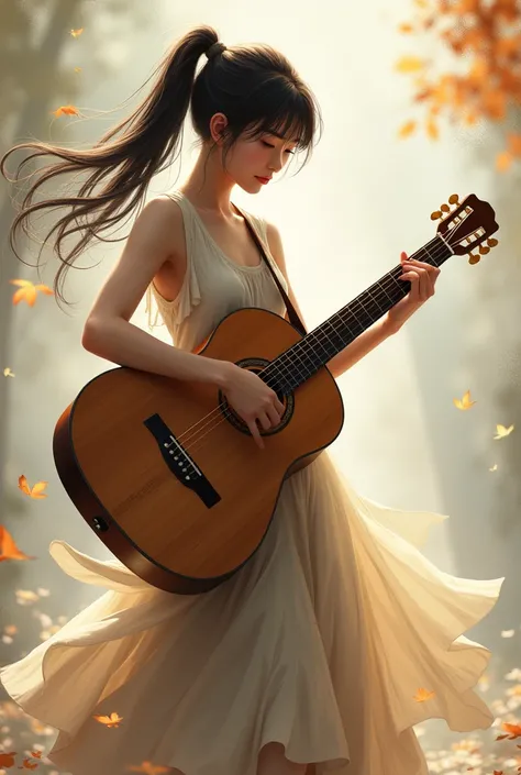 Girl, ponytail, guitar, long skirt, sleeveless, full body 