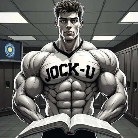 Young male college student Wearing shirt that says JOCK-U as a big dumb hyper muscular sweaty bodybuilder football jock bro in skin-tight compression gear flexing and staring blankly forward at the camera with open mouth under hypnosis. A monitor displayin...