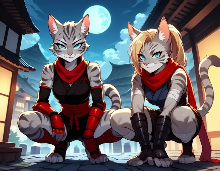 Duo, score_9,score_8_up,score_7_up, score_6_up, score_5_up, source_anime, Kat, female Anthro furry feline, silver fur, grey stripes on body, blue eyes, long blonde hair, undercut hair, one side of hair shaved, wearing red ninja scarf, scarf_covering_mouth,...