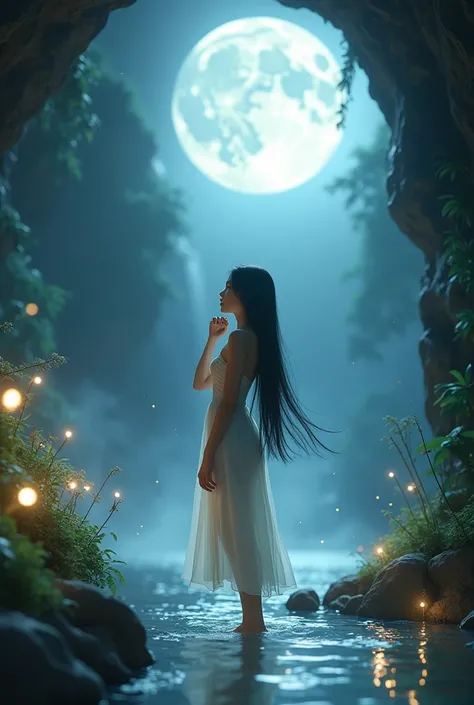 full lenght 2 k Imagine that this is a scene from a movie. Under the cliff, there is a large hole through which the light of the full moon in the sky shines down. The full-body image shows a beautiful, sweet-looking young woman with long, flowing black hai...