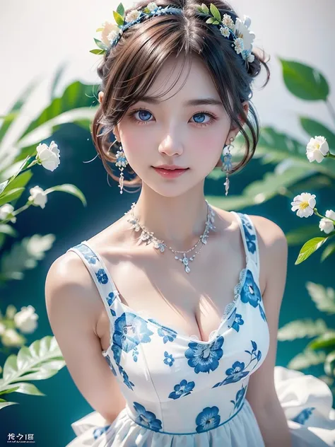 8k,Confused, High resolution, Very detailed, 1 girl, alone, Very beautiful eyes, Ultra-precise depiction, artistic、Very detailed depiction, (Tangled:1.2), , (White high key background:1.5), (((White dress with blue floral pattern 1.5))), 、 short hair、Loose...