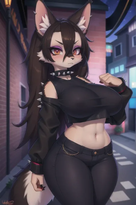 uploaded on e621, explicit content, 3d, cutesexyrobutts, hioshiru, female, solo, mightyena, alleyway setting, (black eyeshadow, black skinny jeans, spiked collar, black crop top, goth style), clothed, clothing, three-quarter portrait, closeup, standing,  f...