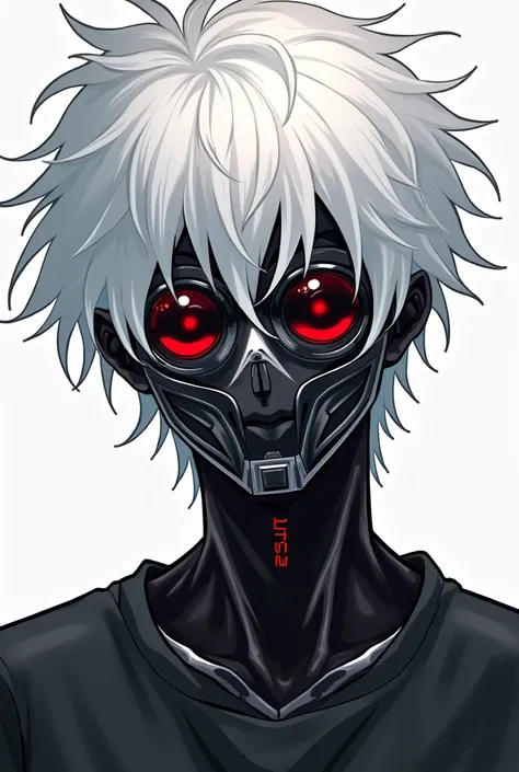 1 anime boy,susadera de color negro,White hair with a messy or common hairstyle.,serene face,completely black eye color,A metal robotic mask that lights up when you talk.,weak appearance or physique