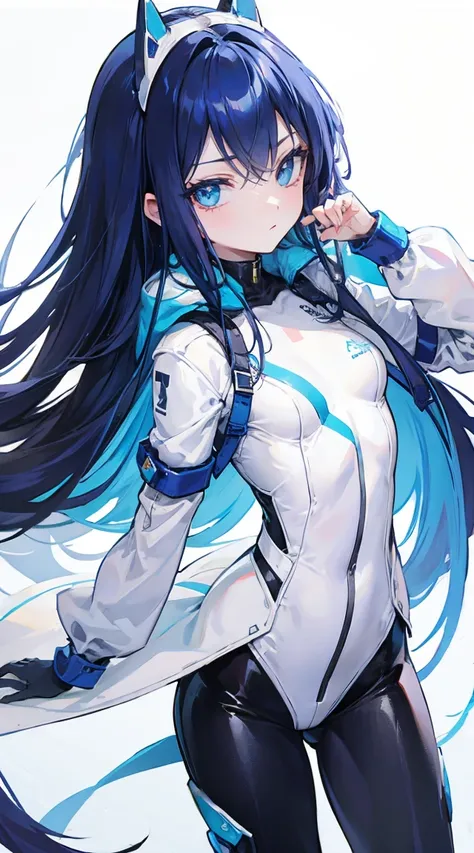 white solid background，cold，stand at attention，ID photo，Black patent leather bodysuit，Long navy blue hair，blue eyes,No gradient，stand at attention站好，ID photo，Game CG，Don&#39;t pose