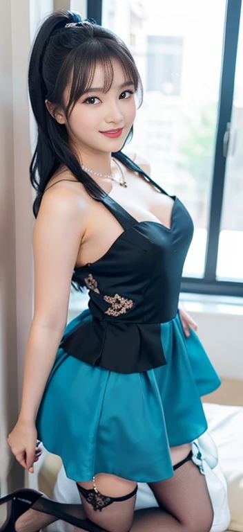 Beautiful, cute baby Face, 17 Years old russian lolita Girl, blue eyes, high ponytail hair, black hair, hair ornaments, wearing sexy pink mini kebaya dress, micro skirt, Rounded medium Breast, cleavage cutout, slightly Chubby , luxury necklace, White Skin,...