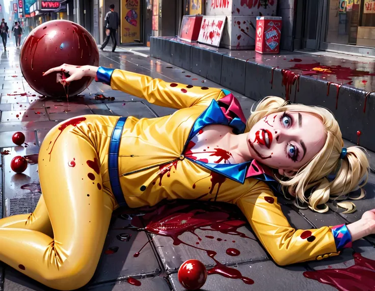 Margot Robbie as Harley Quinn (insane pretty face, tiny themed outfit Harley Quinn makeup on body, blood spatter) is wielding a bloody ball bat. Harley is standing over a confused Saitama who is lying on the ground on his back (iconic yellow suit, blood sp...