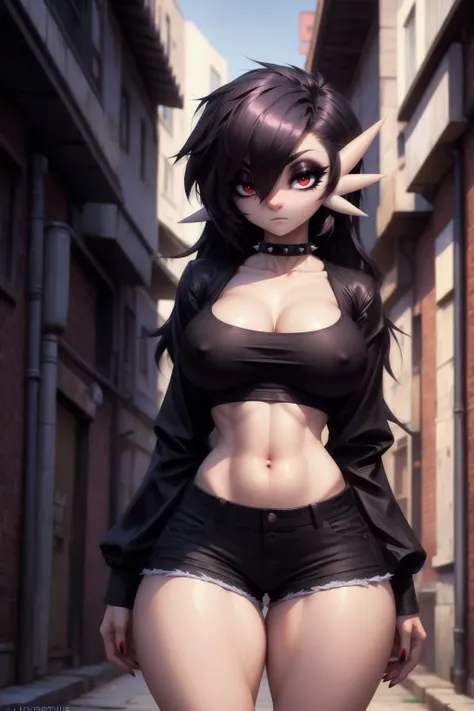 uploaded on e621, explicit content, 3d, cutesexyrobutts, hioshiru, female, solo, (gardevoir), pokemon, alleyway setting, (black eyeshadow, black skinny jeans, spiked collar, black crop top, goth style), clothed, clothing, three-quarter portrait, closeup, s...