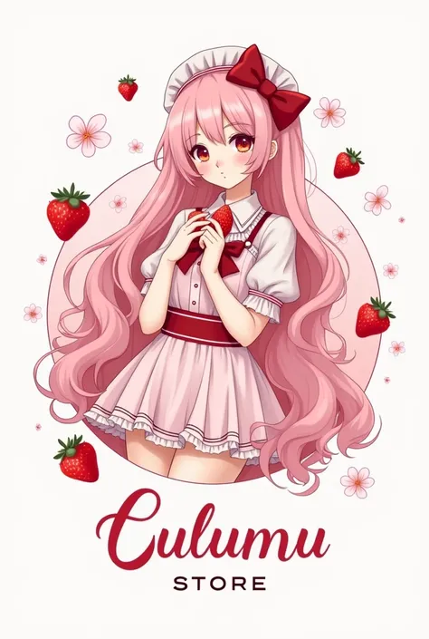 Create a small logo of a store called "Lulumu Store" with white colors, rosa , red, black and has a sexy girl dressed as a lolita with pastel pink hair and strawberries drawn around it 