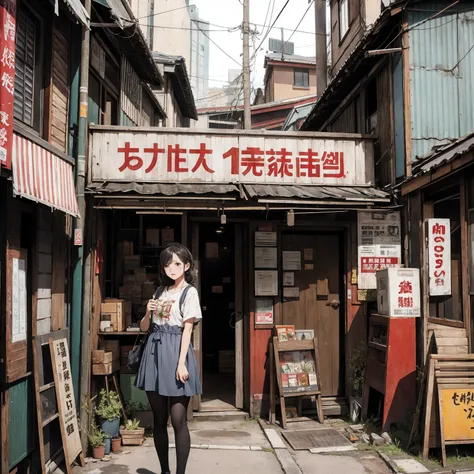 ((masterpiece、Highest quality))、Poor conditions、Japan 1970s, Dirty Standing Tavern、Old and dirty store, Unsanitary and dirty downtown Tokyo, Japan Streets, Cute girl working at the store、Poor workers、Rusted corrugated iron, Unhygienic restaurant