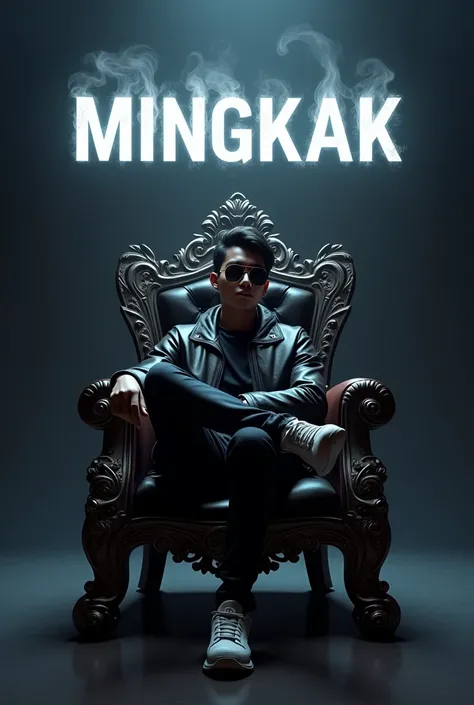 Create a picture of a magnificent king&#39;s chair, with a 25 year old Indonesian boy sitting gracefully on it. She is holding a silver chain with a 3D nameplate that reads &#39;MINGKAK&#39; in bold metallic letters. NaCreatemeplate is decorated with smoke...