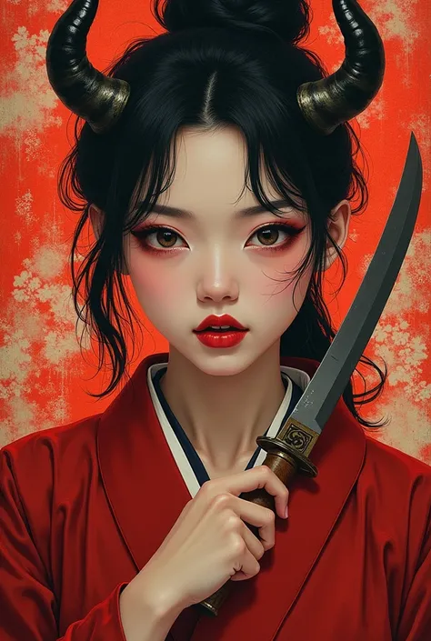 Beautiful devil painting, knife剣を携えた鬼の女, knife, 妖knife, knife, Powerful female samurai, ２book horn, Fanged Mouth, Eyes without pupils, gambling, The Flower of Carnage, Platinum Blonde Devil, Beautiful red kimono, Oiran, Highest ranking woman, Ghost Girl, F...