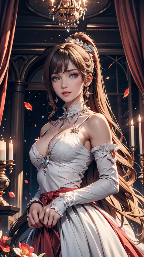 Dramatic composition, Court-style dress, Royal, nice, カスケードFrills, Frills, bow, Crystal Chandelier, Roman Curly Hairstyles, to place, Drill-like double ponytail, Looking at the camera, bangs, Maximalism, Palace-like background, Delicate depiction of hair a...