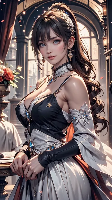 Dramatic composition, Court-style dress, Royal, nice, カスケードFrills, Frills, bow, Crystal Chandelier, Roman Curly Hairstyles, to place, Drill-like double ponytail, Looking at the camera, bangs, Maximalism, Palace-like background, Delicate depiction of hair a...