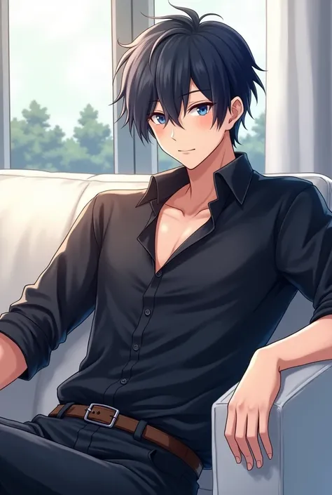 Anime handsome boy wearing black shirt and sitting on white sofa,Dynamic pose，Handsome anime style，blue eyes，High Quality Anime Portraits