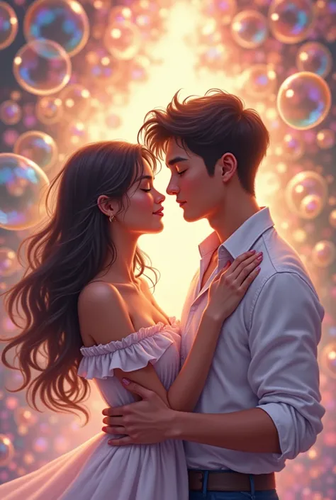 Make the cover of a romance novel called “Love Between Soap Bubbles”.On the cover there must be a girl and a boy