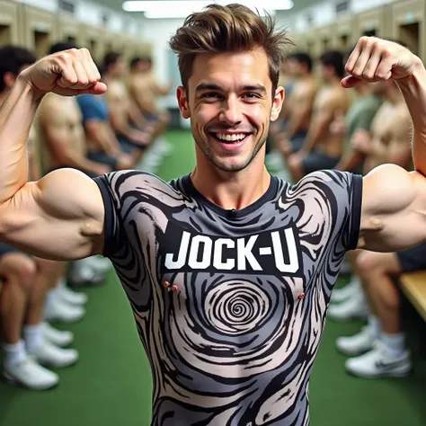 Young male college student Wearing shirt that says JOCK-U as a big dumb hyper muscular sweaty bodybuilder football jock bro in skin-tight compression gear flexing and staring blankly forward at the camera with open mouth under hypnosis. A monitor displayin...