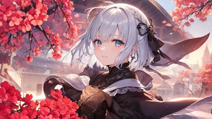 Ultra HD,Look at the viewers, Place your hands behind your back, With a girl, 20-year-old, 非常にshort hair, Long bangs between the eyes, Pale blue eyes, Very detailed,(masterpiece、Highest quality),Gray Hair、Laughter、wonderful, Silver Hair, iris, short hair、 ...