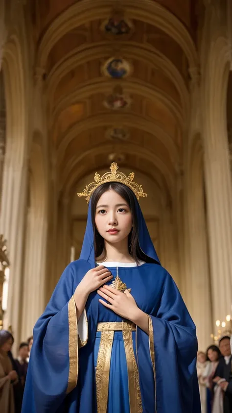 Virgin Mary、Ancient Jews、Sacred、Halo、With arms outstretched、A gentle gaze、Against the backdrop of blue sky