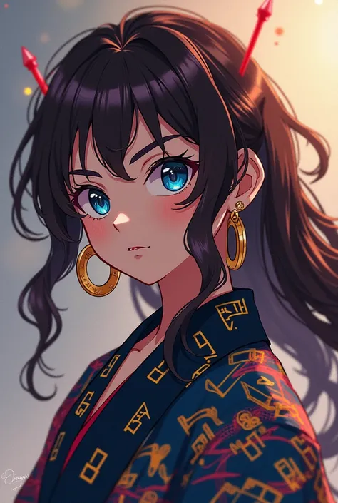 a brunette girl, with long curly clubbread hair, slanted and dark blue eyes, demon hunter (kimetsu no Yaiba) breathing the melody and has the haori on the edge of musical notes, she wears golden earrings with medium hoops and a hook on the left of the Colo...