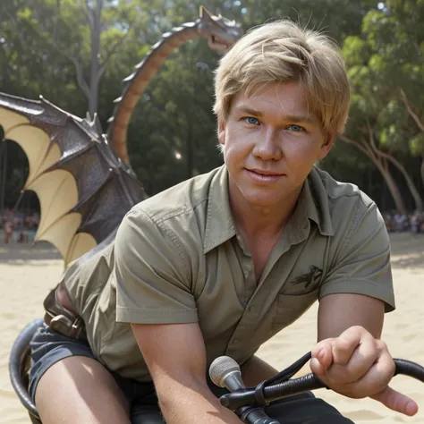 Steve Irwin riding a dragon,  Australian, 1 boy, male focus, blonde hair, I look at the viewer, Ideal Anatomy,perfect hands, summer noon, sunlight, Target-shading, holding, holding a microphone speaking to a crowd, detailed face, detailed eyes,Crazy eyes, ...