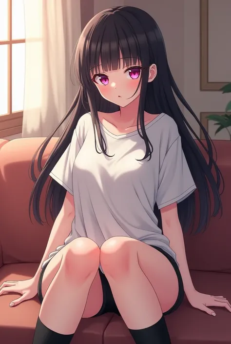 A 16 year old girl, in the anime style of Tu love ru. 

Her Appearance: she has long dark hair with bangs,Serene and seductive eyes in Shocking Pink,Light skin color and she has a mole below her left eye. 

She is wearing only a White T-Shirt Size XL, a pa...