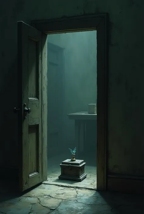 Door creaks open, revealing a small room. In the center, a music box plays a haunting melody.