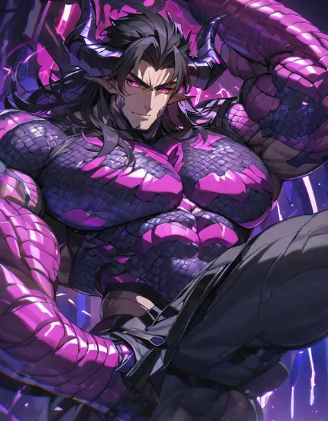 One, good looking, 1 person, Sporty body, V-shaped body, Detailed armor in black with purple glittering details, black demon horns, Long Hair, Black Hair, Reddish purple color of reptile eyes, Purple thread, Black light,Muscular boy,Huge penis,Huge muscles...