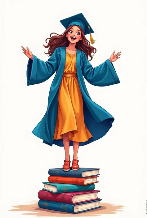 Colored drawing of a girl in a graduation gown, happy and on top of some books