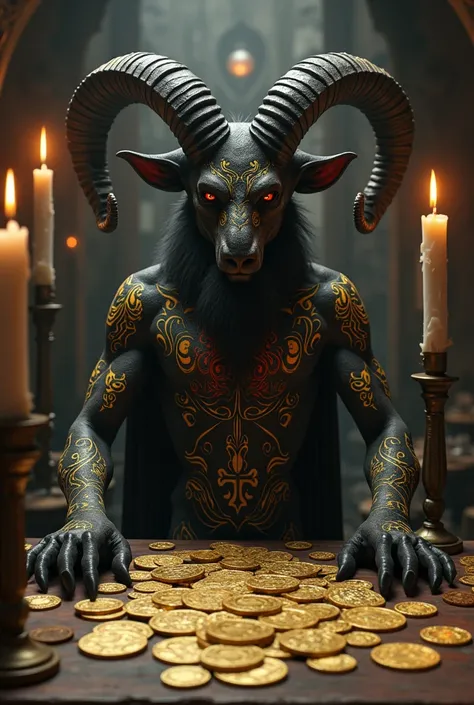 The colors of alchemy. blackw, offwhite, yellow and red in a fat baphomet ritual with two candles and many gold coins